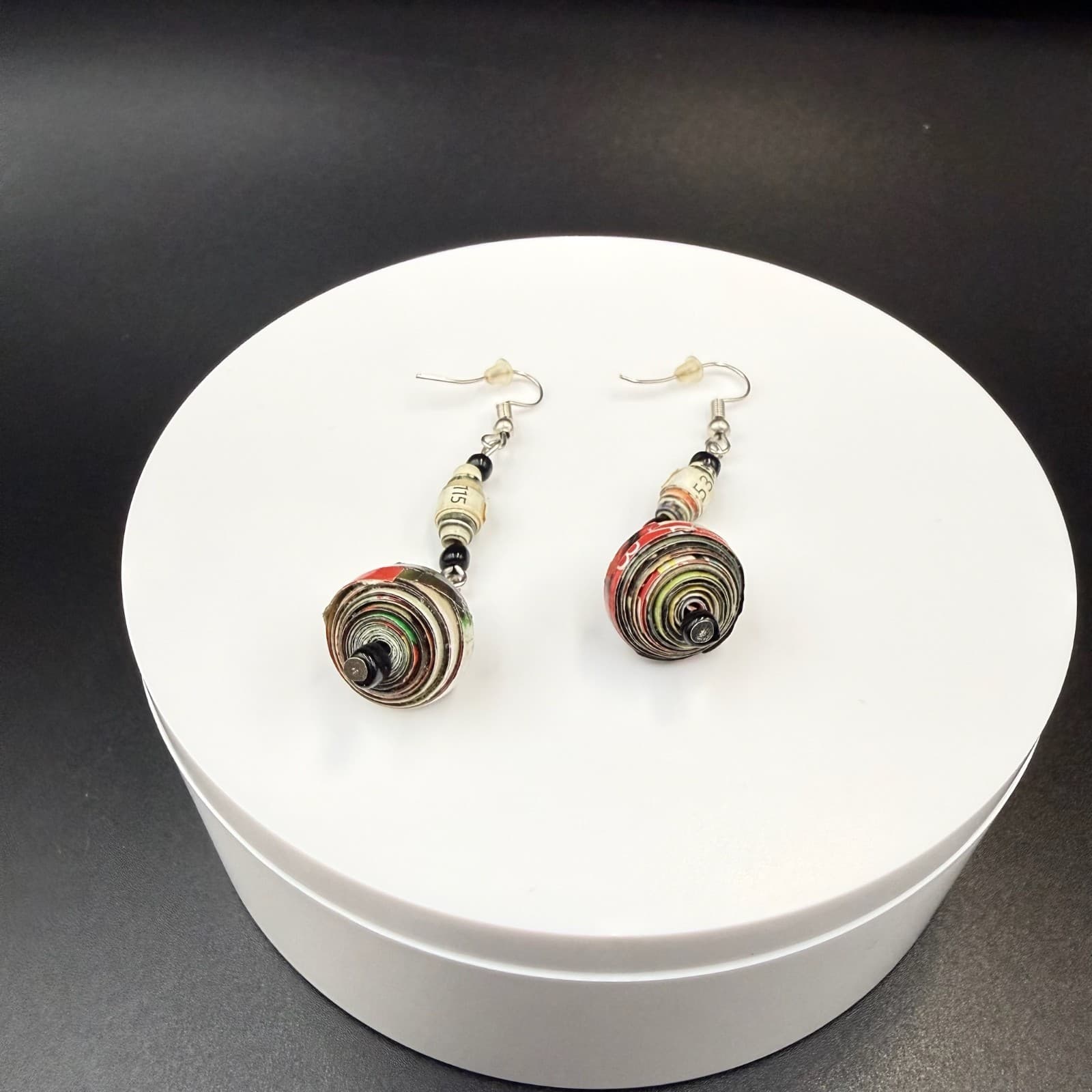 Vintage Multi Colored Bold Classic Dropped Dangle Recycled Paper Bead Earrings - Thumbnail 2