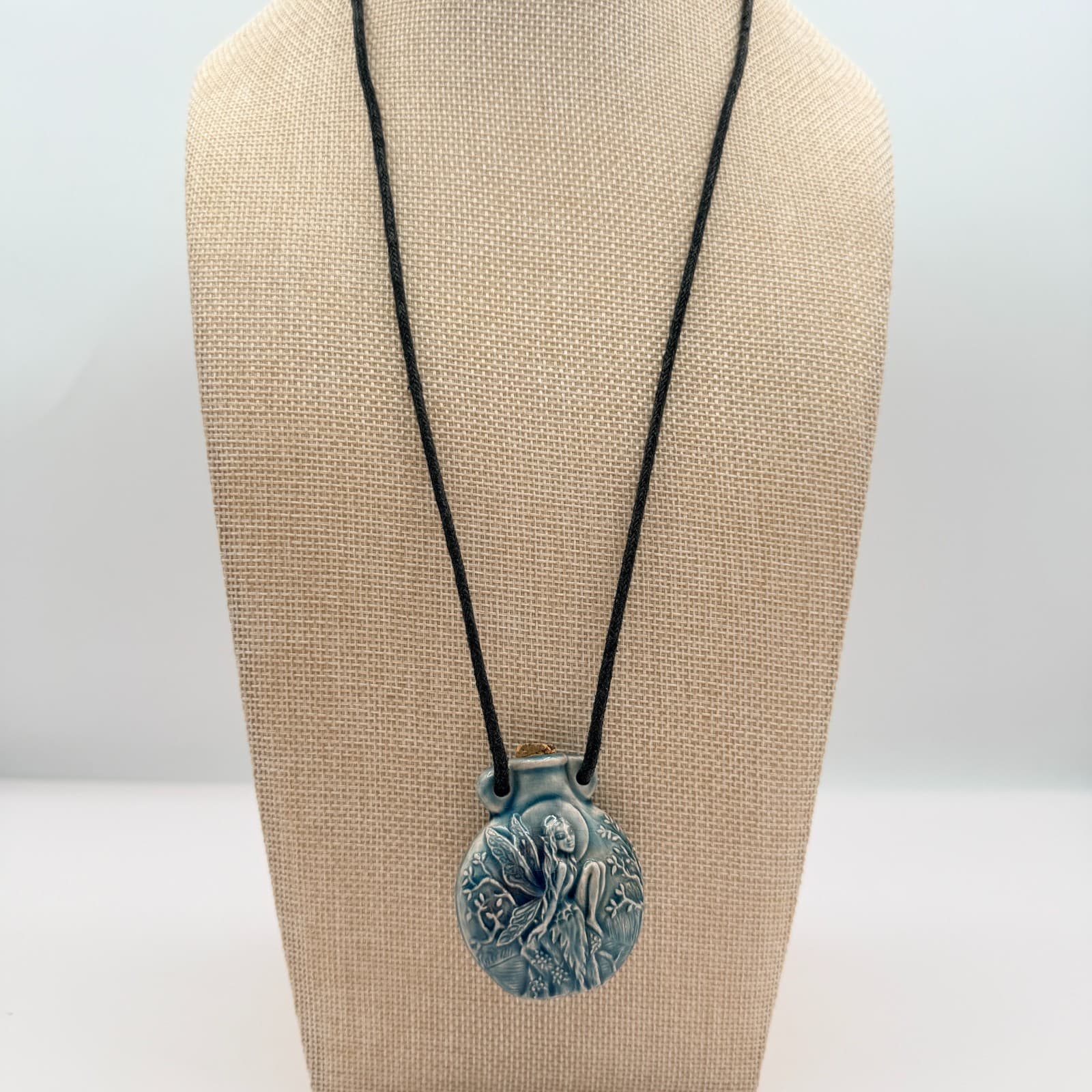 Vintage 90s Blue Ceramic Fairy Perfume Bottle Pendant Necklace Boho Pottery Cord - Thumbnail 2