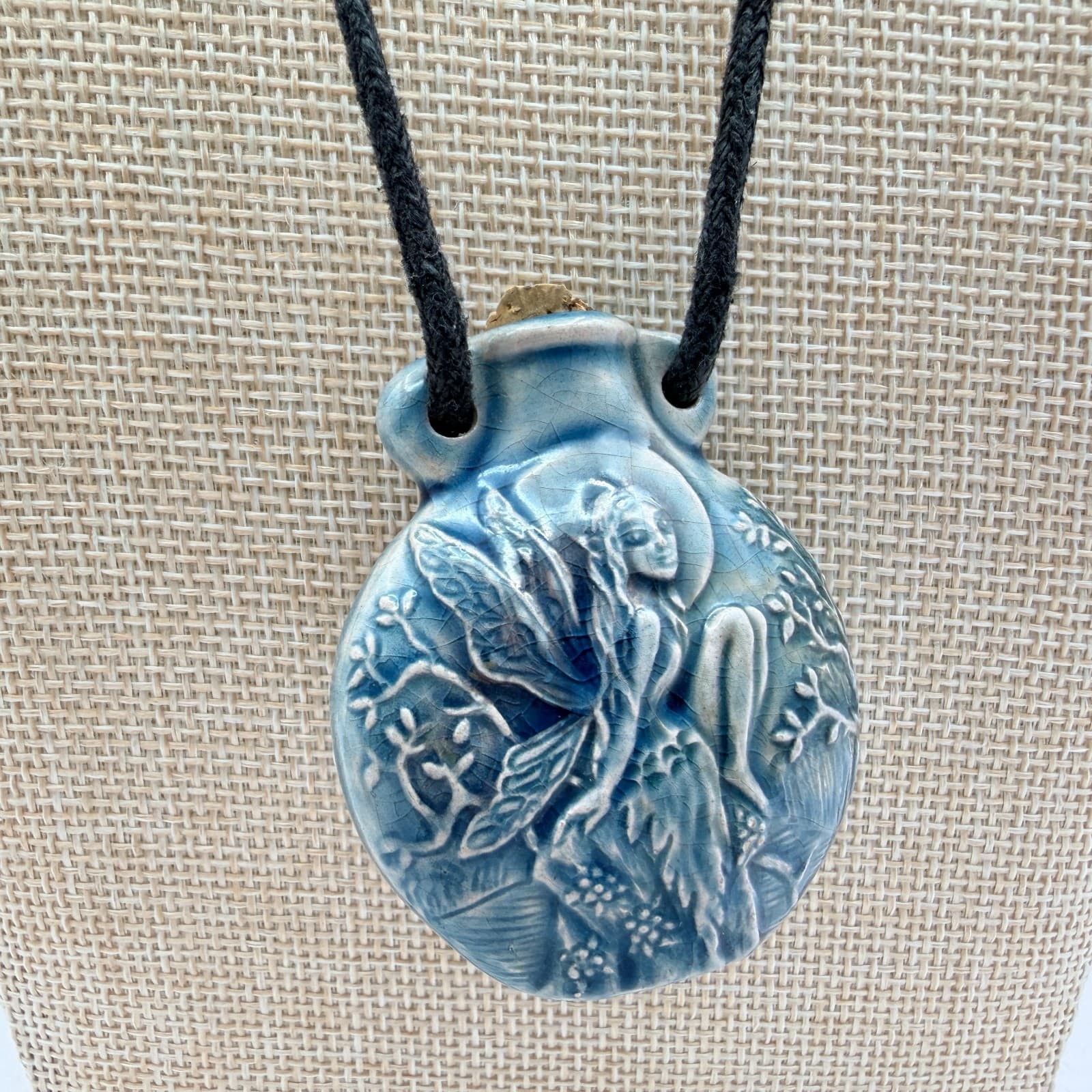 Vintage 90s Blue Ceramic Fairy Perfume Bottle Pendant Necklace Boho Pottery Cord - Thumbnail 3