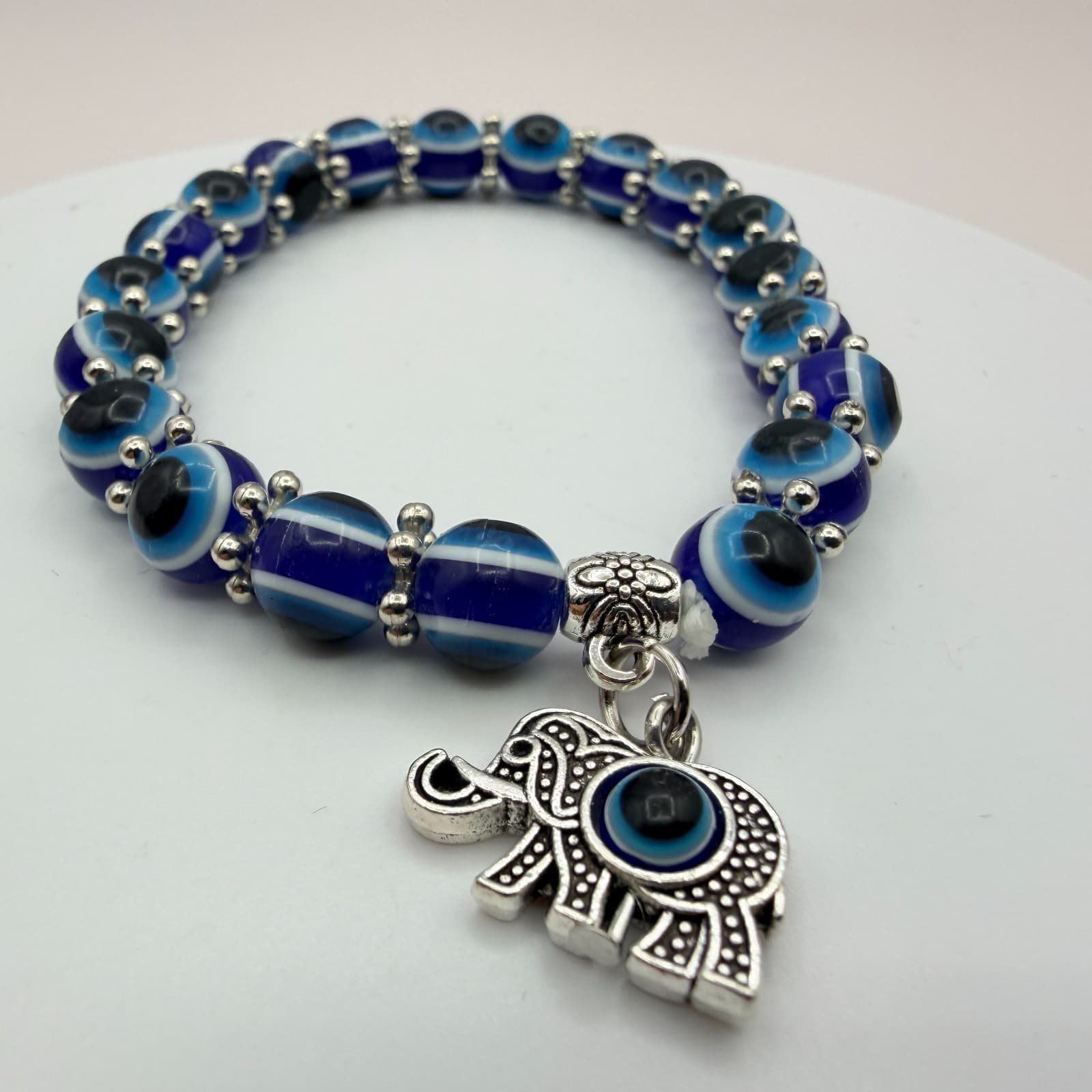 Vintage 90s Silver Tone Evil Eye Beaded Bracelet Elephant Charm Women's Jewelry - Image 1