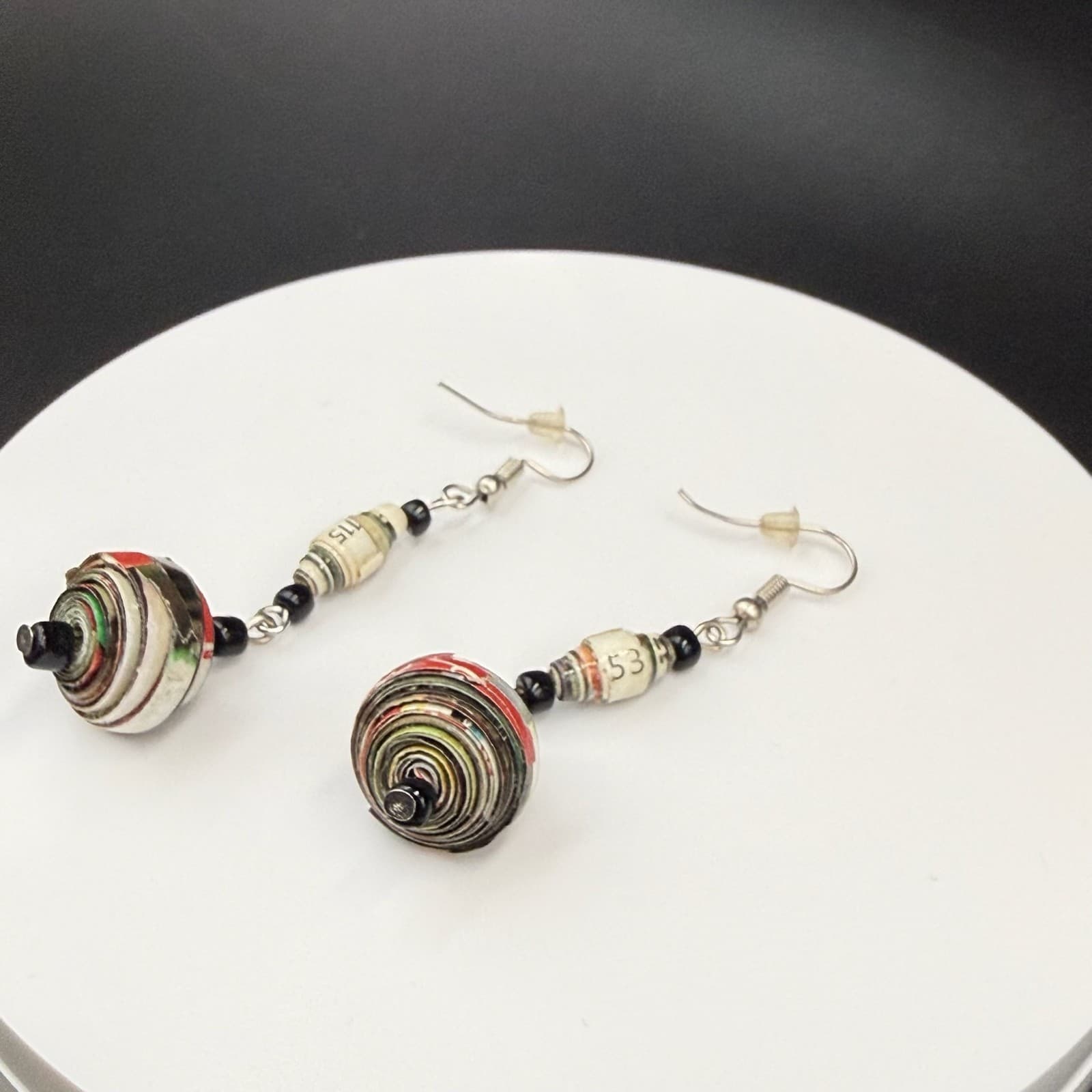 Vintage Multi Colored Bold Classic Dropped Dangle Recycled Paper Bead Earrings - Thumbnail 8