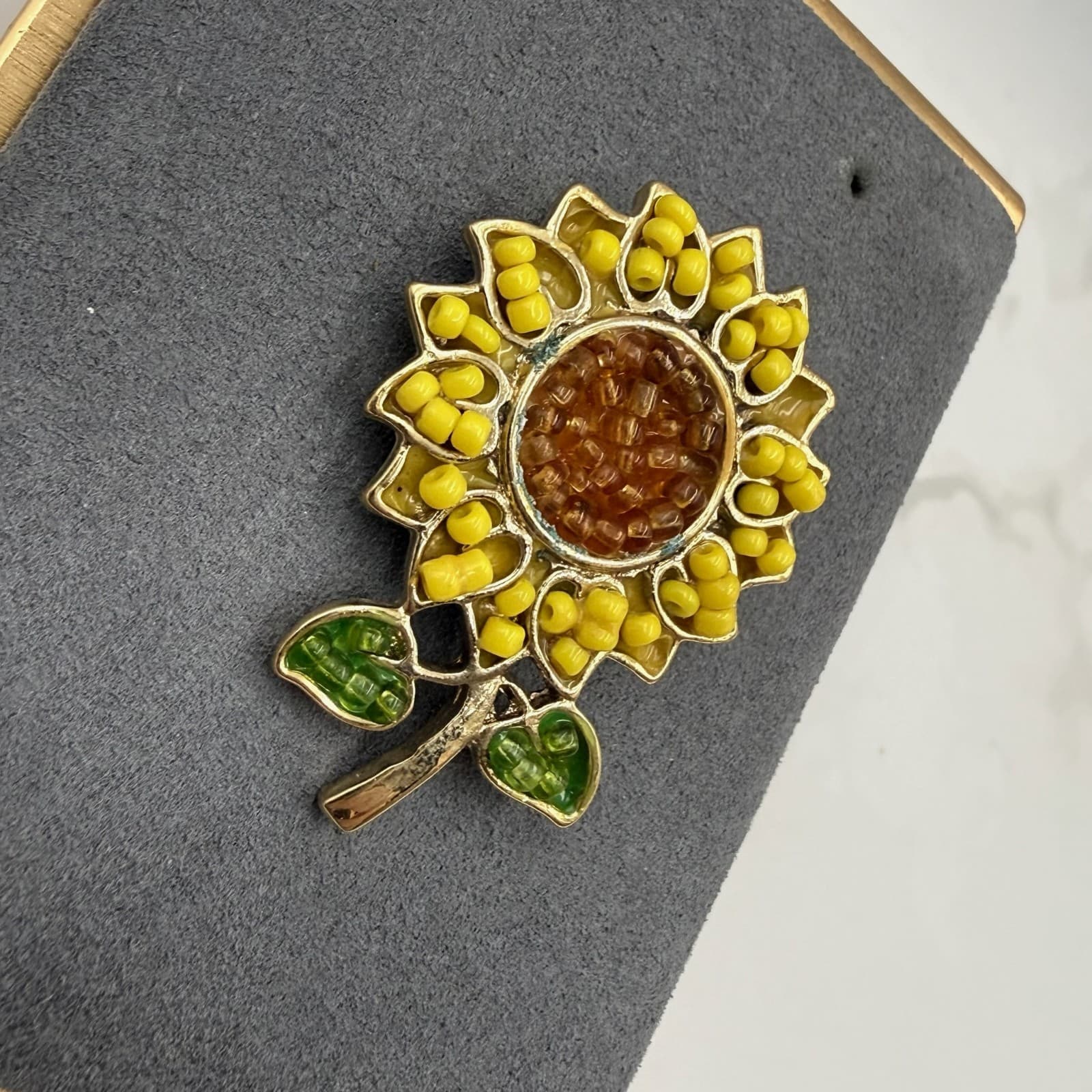 Vintage Alloy Sunflower Gold-Toned Beaded Fashion Decorative Enamel Brooch Pin - Thumbnail 4