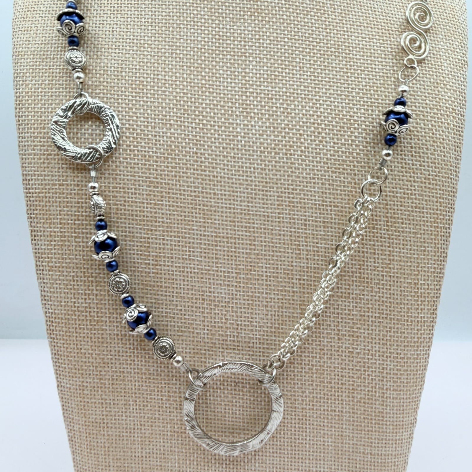 Vintage 90s Silver Tone Blue Pearl Station Circle Link Necklace Boho Fashion - Thumbnail 3