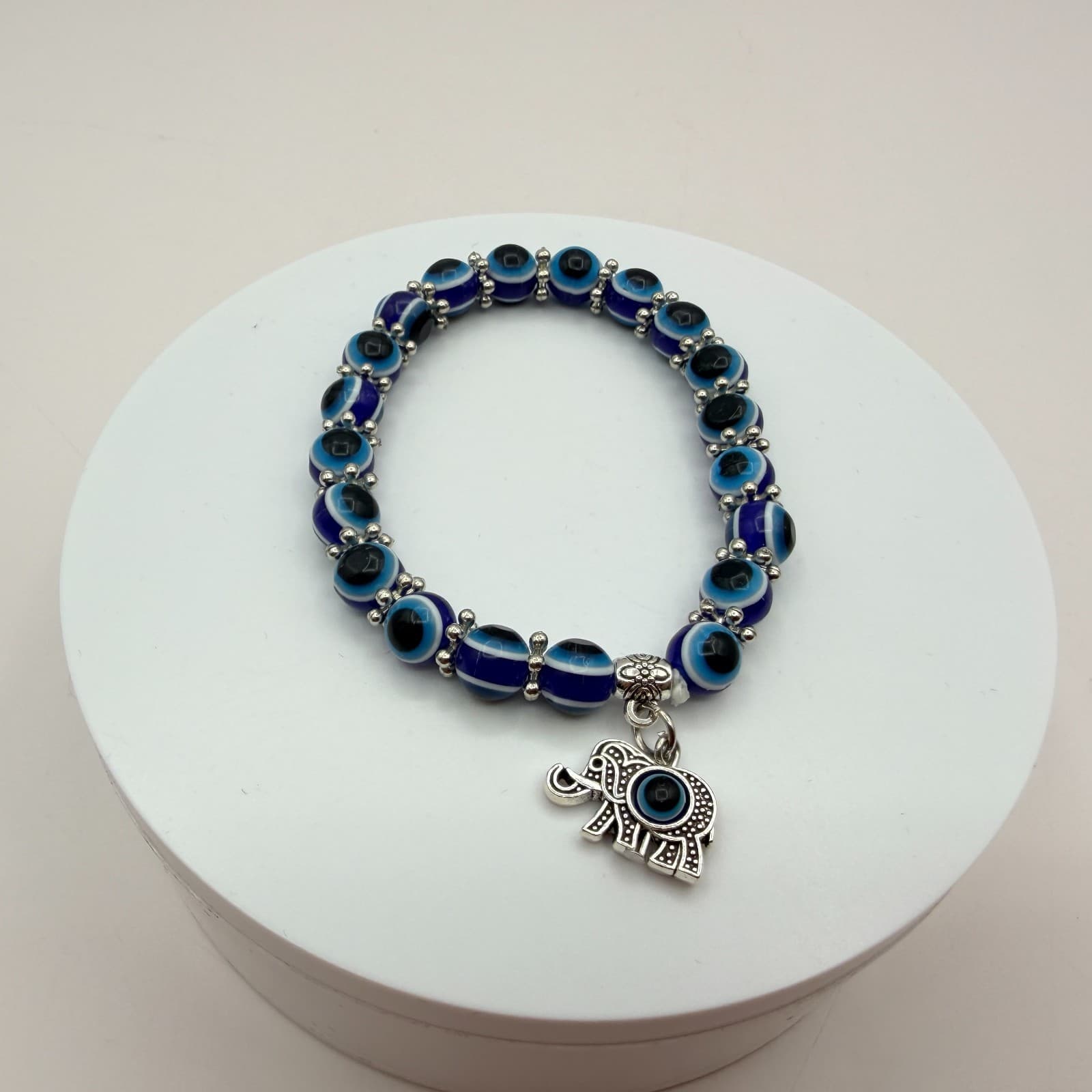 Vintage 90s Silver Tone Evil Eye Beaded Bracelet Elephant Charm Women's Jewelry - Thumbnail 6