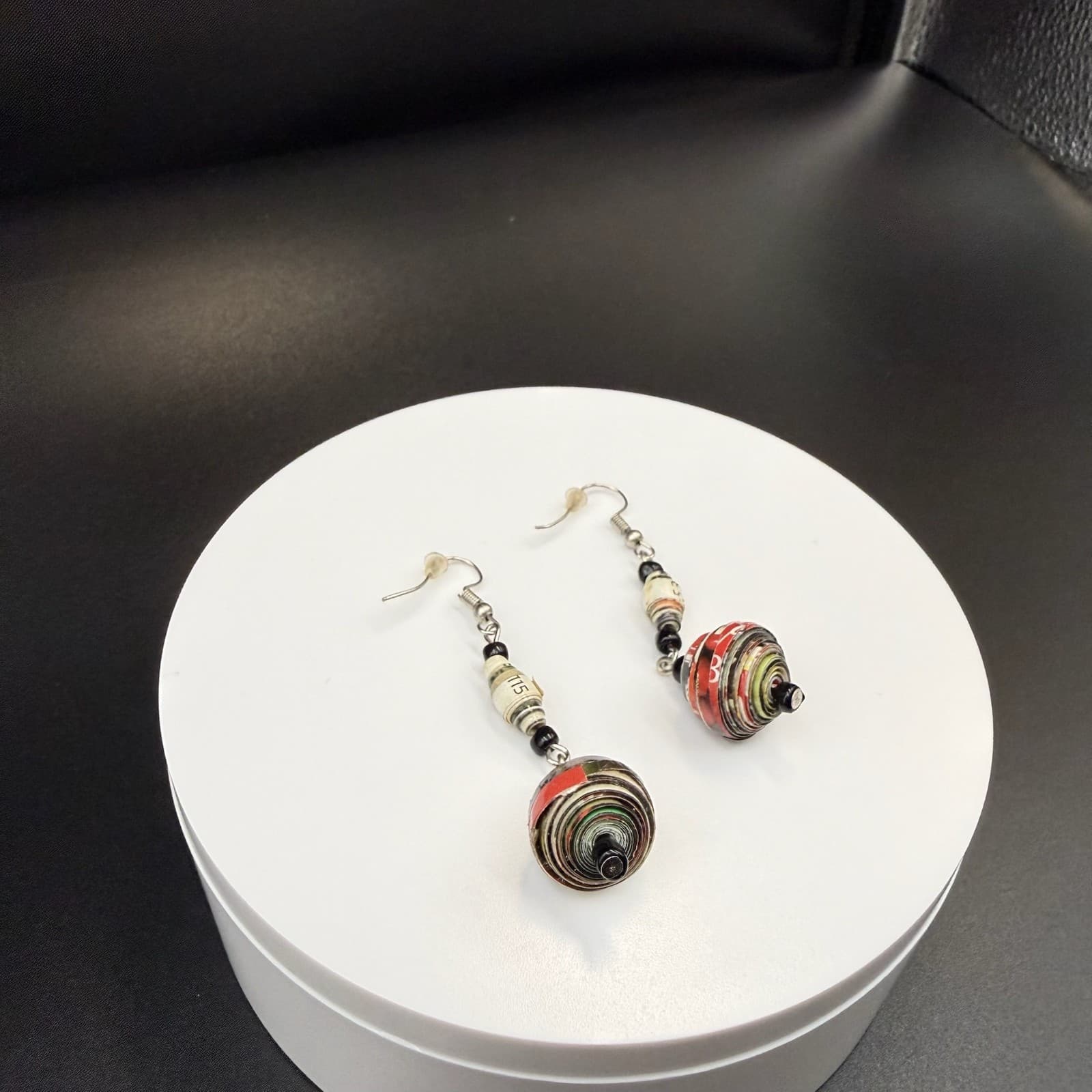 Vintage Multi Colored Bold Classic Dropped Dangle Recycled Paper Bead Earrings - Thumbnail 5