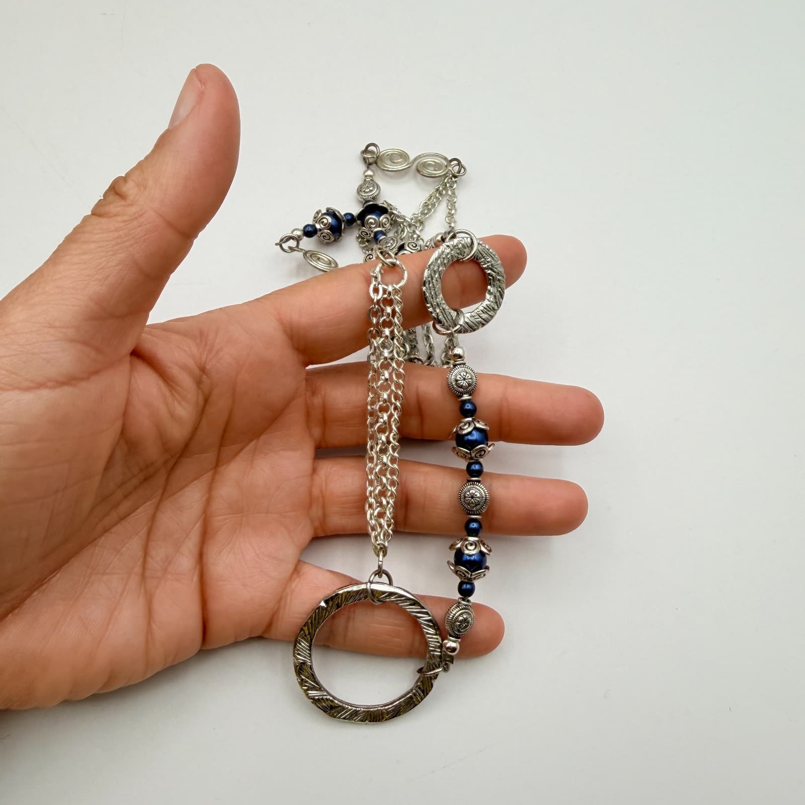 Vintage 90s Silver Tone Blue Pearl Station Circle Link Necklace Boho Fashion - Thumbnail 9