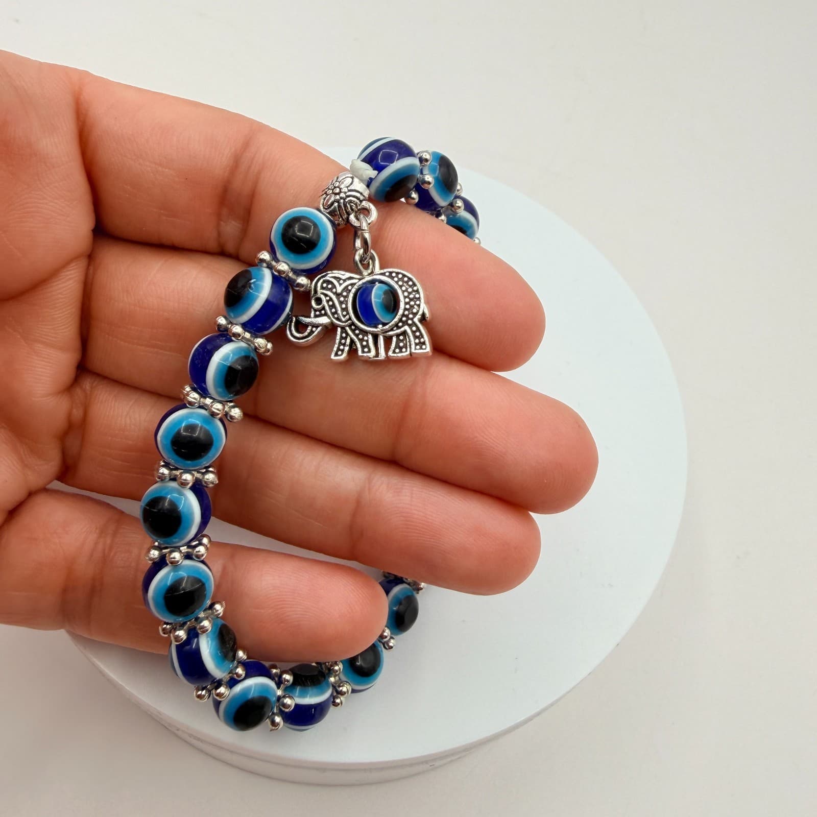 Vintage 90s Silver Tone Evil Eye Beaded Bracelet Elephant Charm Women's Jewelry - Thumbnail 9