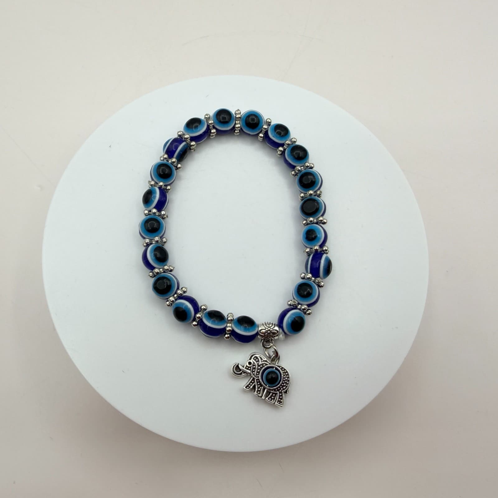 Vintage 90s Silver Tone Evil Eye Beaded Bracelet Elephant Charm Women's Jewelry - Thumbnail 7