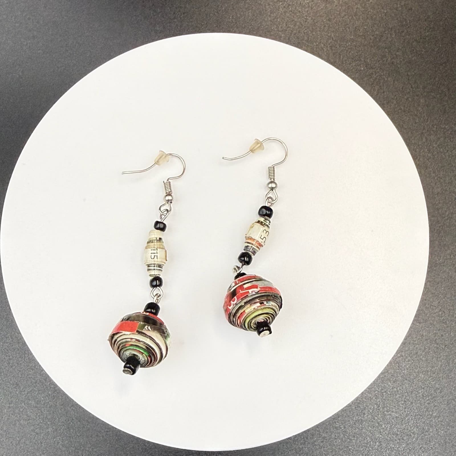 Vintage Multi Colored Bold Classic Dropped Dangle Recycled Paper Bead Earrings - Thumbnail 9