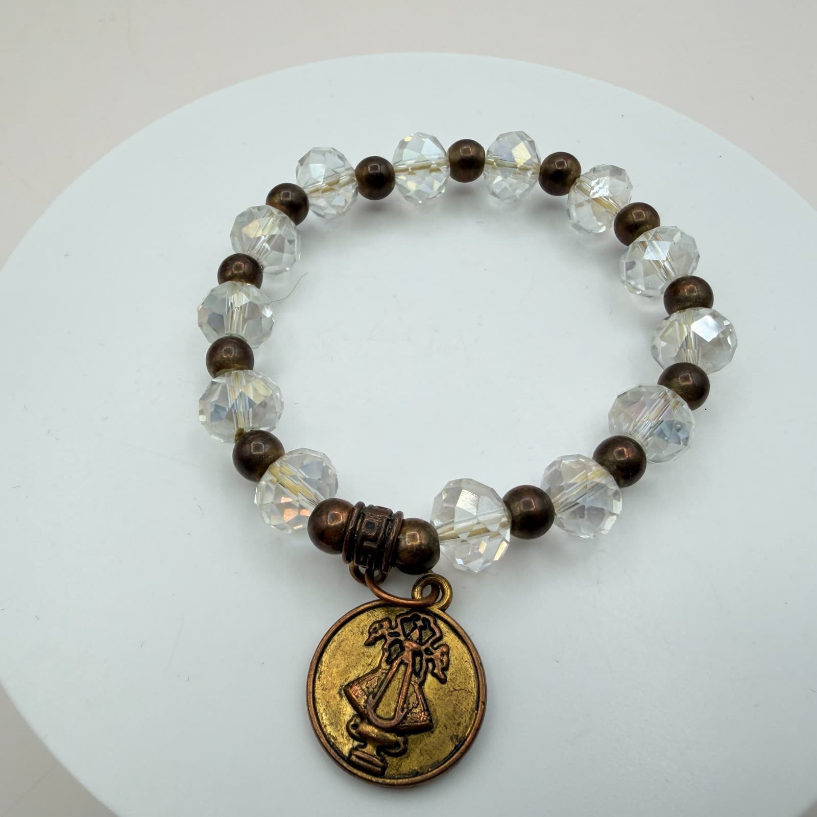Vintage 80s Clear Beaded Stretch Bracelet Bronze Saint Medal Charm Retro Jewelry - Thumbnail 2