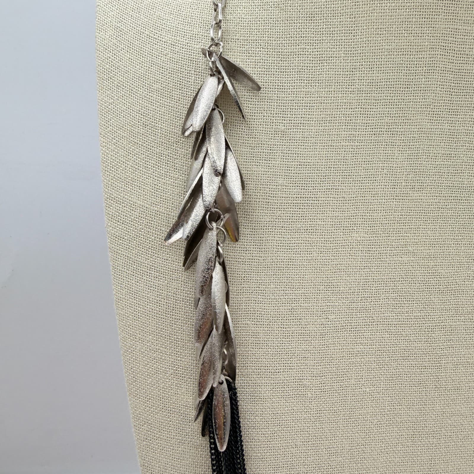 Vintage 90s Silver Tone Multi Strand Tassel Fringe Necklace Black Boho Jewelry - Thumbnail 6