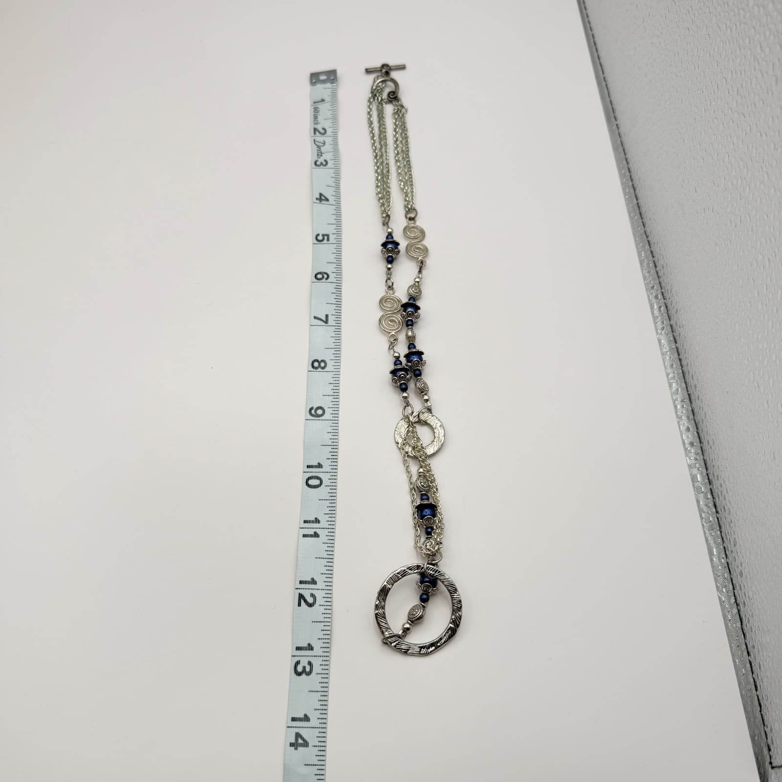 Vintage 90s Silver Tone Blue Pearl Station Circle Link Necklace Boho Fashion - Thumbnail 10