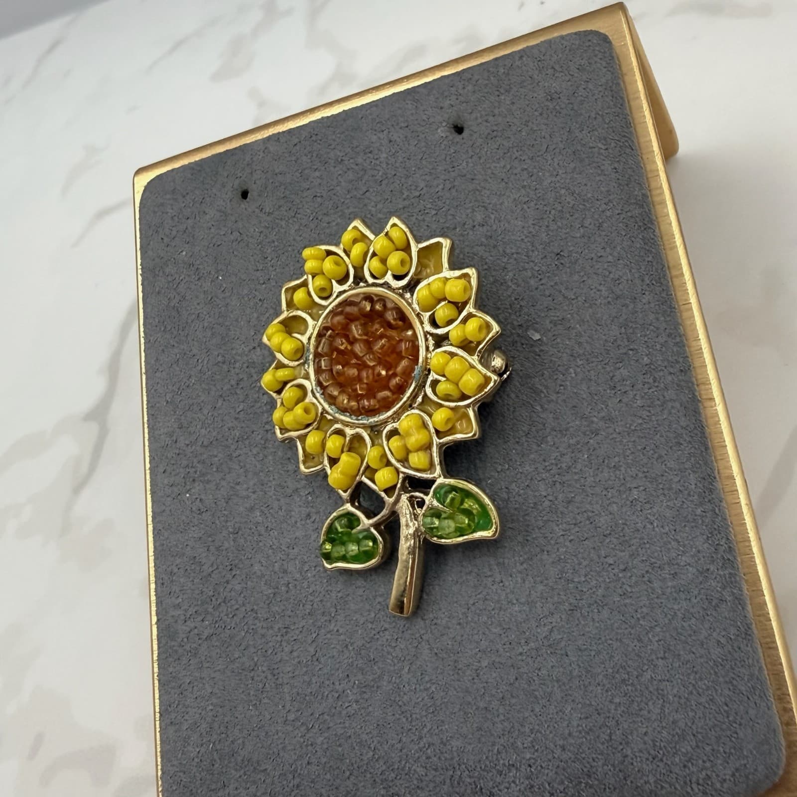 Vintage Alloy Sunflower Gold-Toned Beaded Fashion Decorative Enamel Brooch Pin - Thumbnail 3