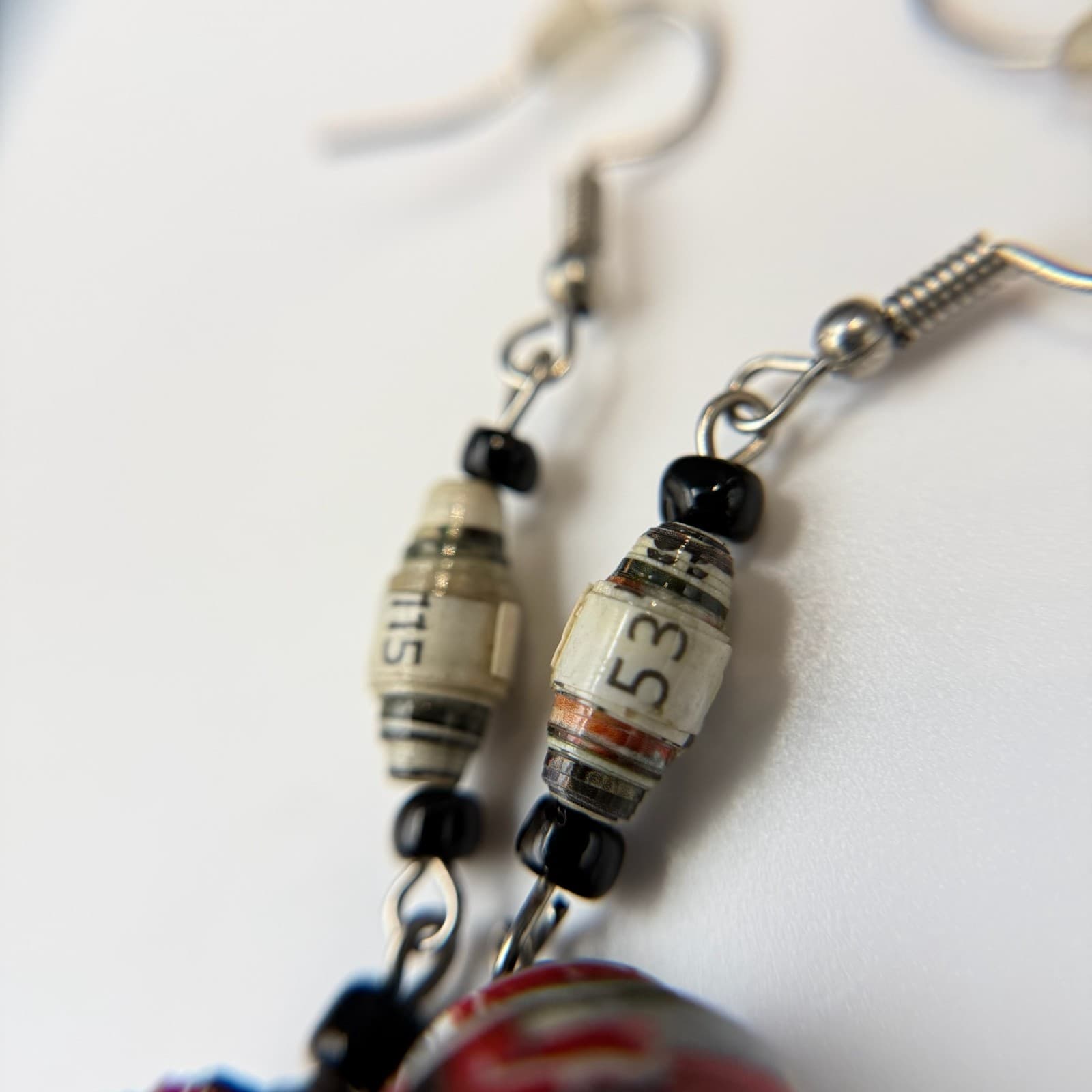 Vintage Multi Colored Bold Classic Dropped Dangle Recycled Paper Bead Earrings - Thumbnail 13