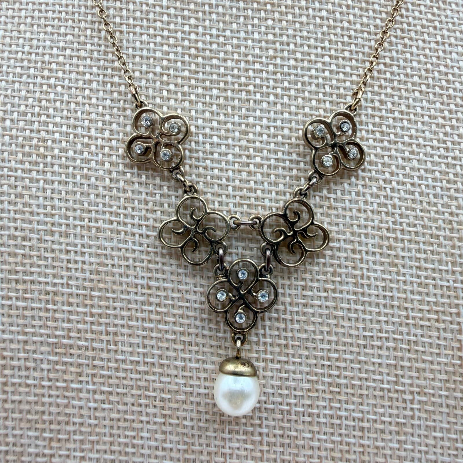 Vintage Y2K Gold Tone Faux Pearl Drop Filigree Flower Necklace Women's Jewelry - Thumbnail 2