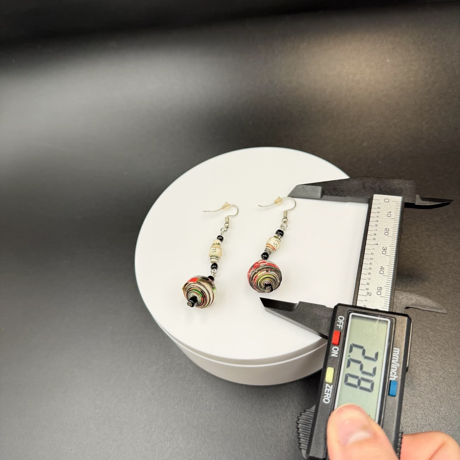 Vintage Multi Colored Bold Classic Dropped Dangle Recycled Paper Bead Earrings - Thumbnail 3