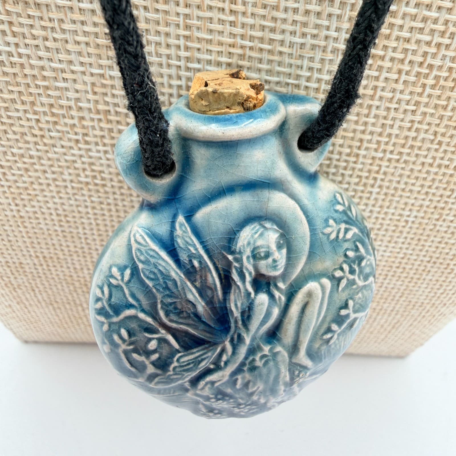 Vintage 90s Blue Ceramic Fairy Perfume Bottle Pendant Necklace Boho Pottery Cord - Thumbnail 4