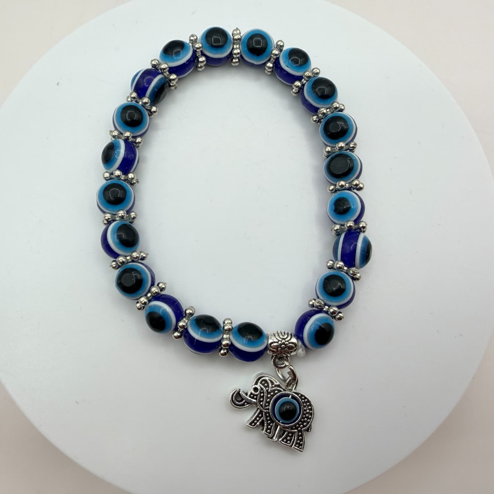 Vintage 90s Silver Tone Evil Eye Beaded Bracelet Elephant Charm Women's Jewelry - Thumbnail 8
