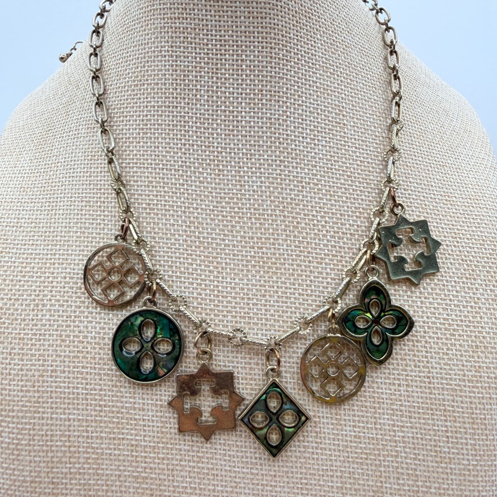 Vintage 90s Gold Tone Green Glass Abalone Charm Necklace Geometric Boho Jewelry - Thumbnail 5