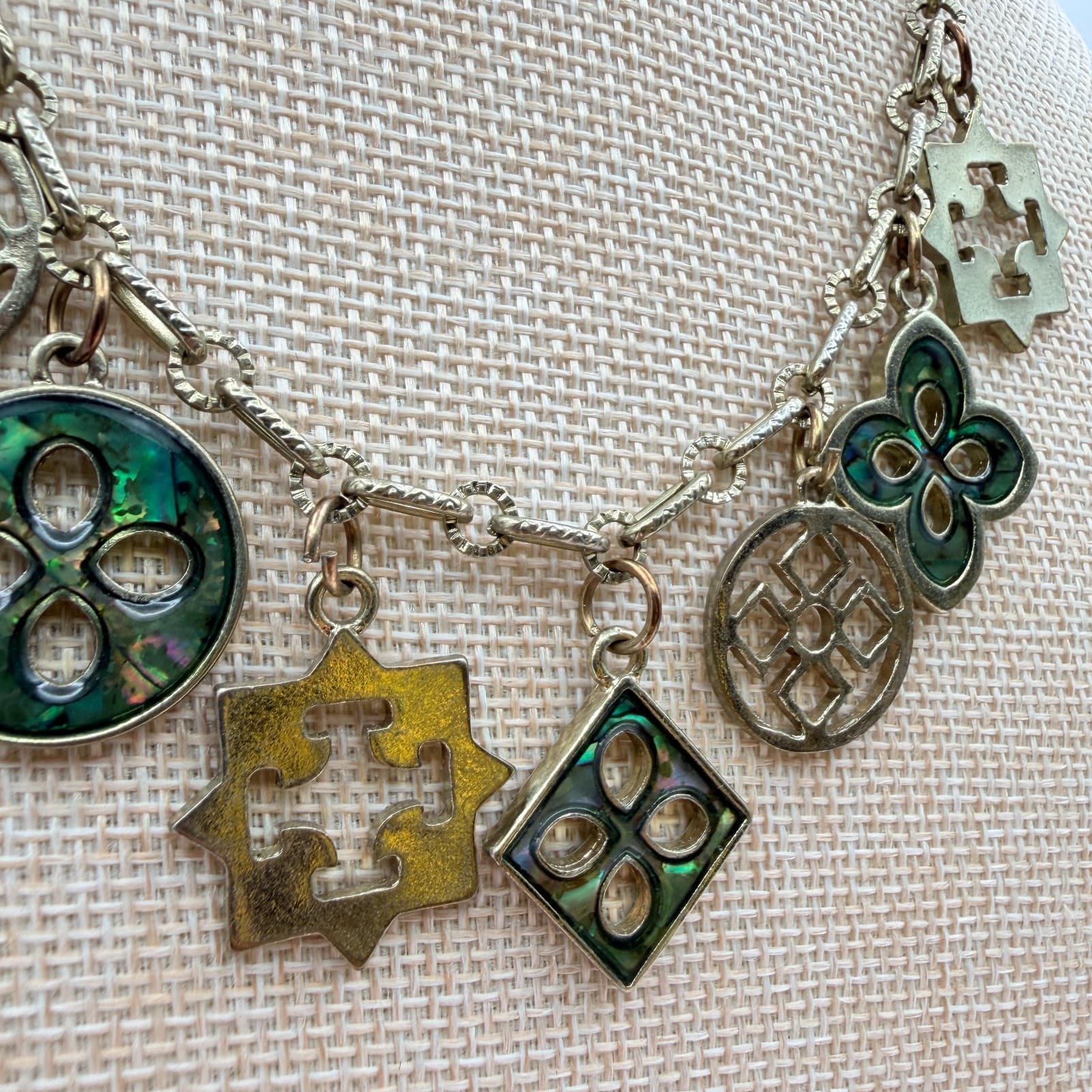 Vintage 90s Gold Tone Green Glass Abalone Charm Necklace Geometric Boho Jewelry - Thumbnail 4