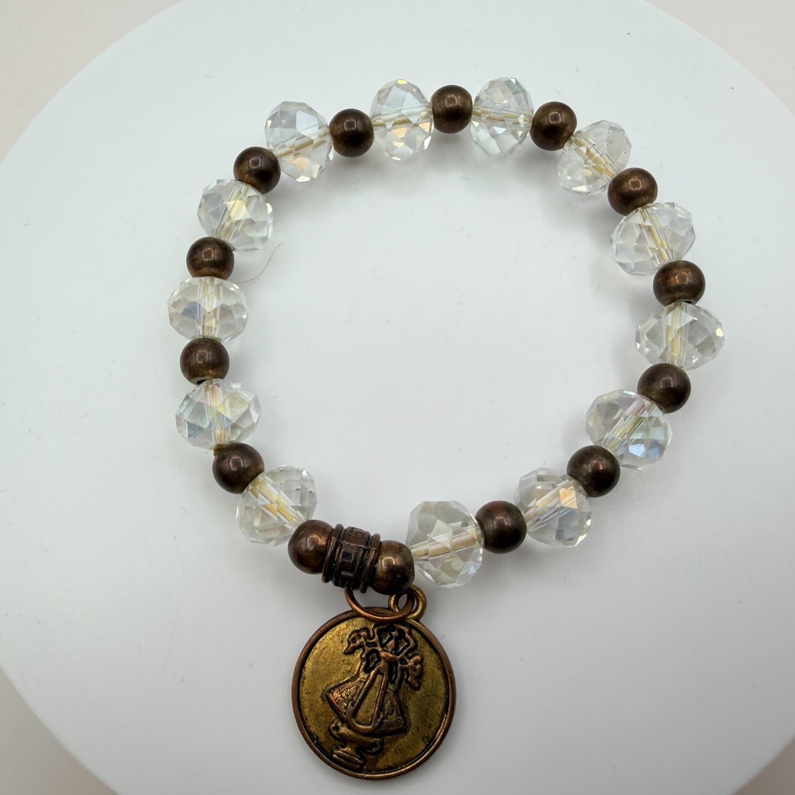 Vintage 80s Clear Beaded Stretch Bracelet Bronze Saint Medal Charm Retro Jewelry - Thumbnail 5