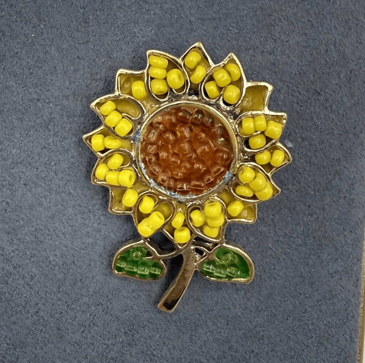 Vintage Alloy Sunflower Gold-Toned Beaded Fashion Decorative Enamel Brooch Pin - Image 1