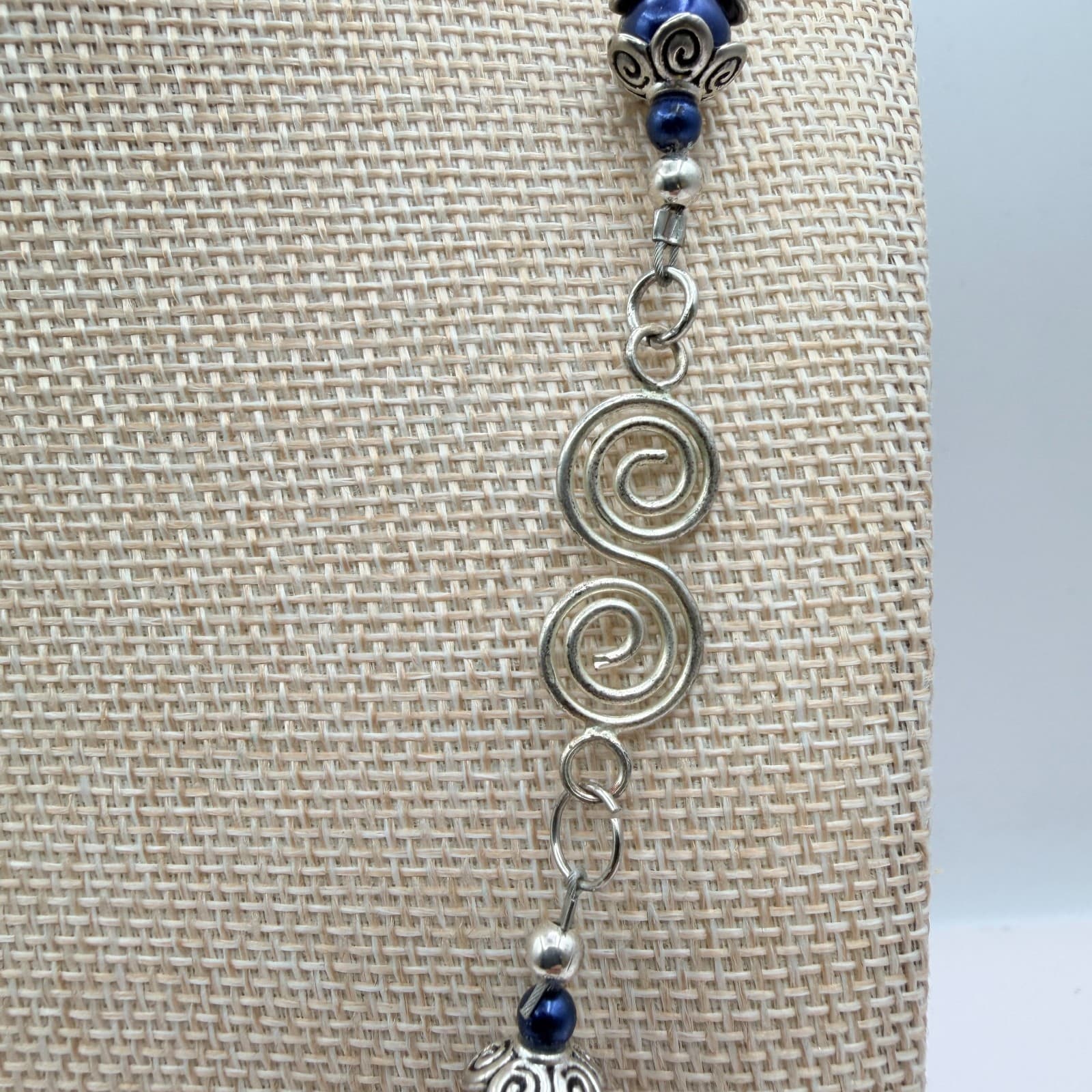 Vintage 90s Silver Tone Blue Pearl Station Circle Link Necklace Boho Fashion - Thumbnail 7