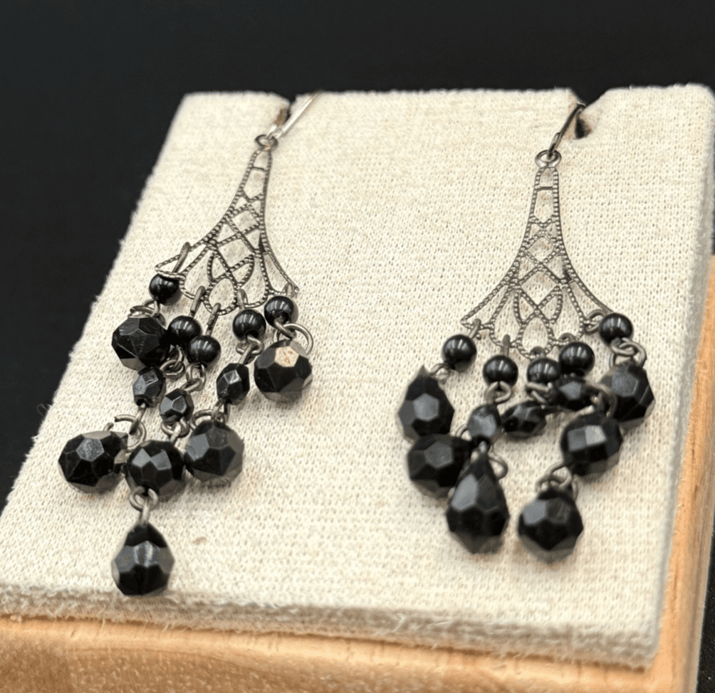 Vintage Chandelier Black Acrylic Beaded Silver-Toned Hook Dangle Earrings - Image 1