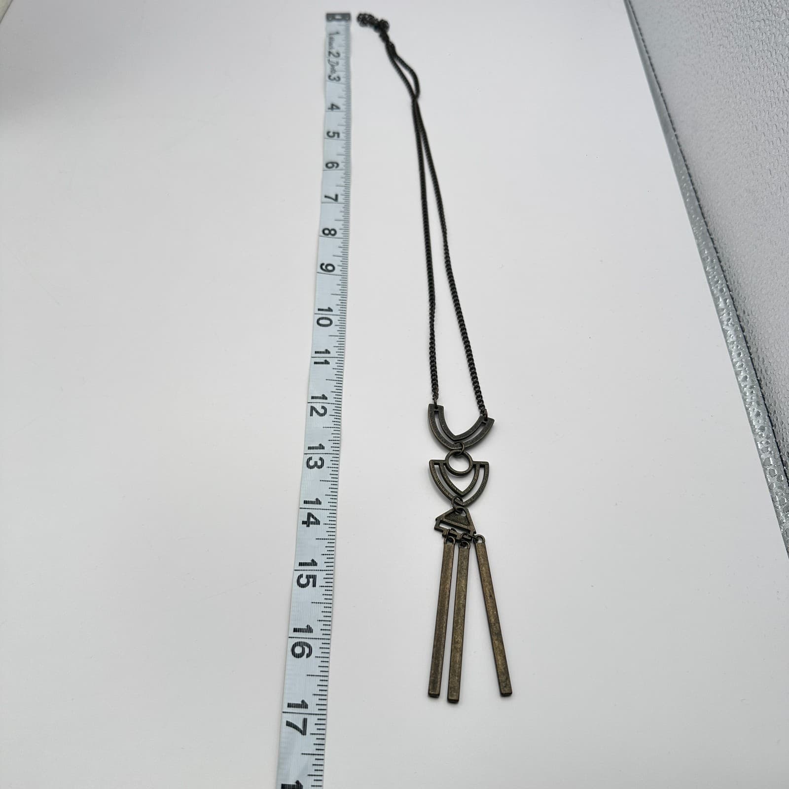 Vintage 80s Cleopatra Brass Necklace Geometric Long Pendant Tassel Jewelry - Thumbnail 6