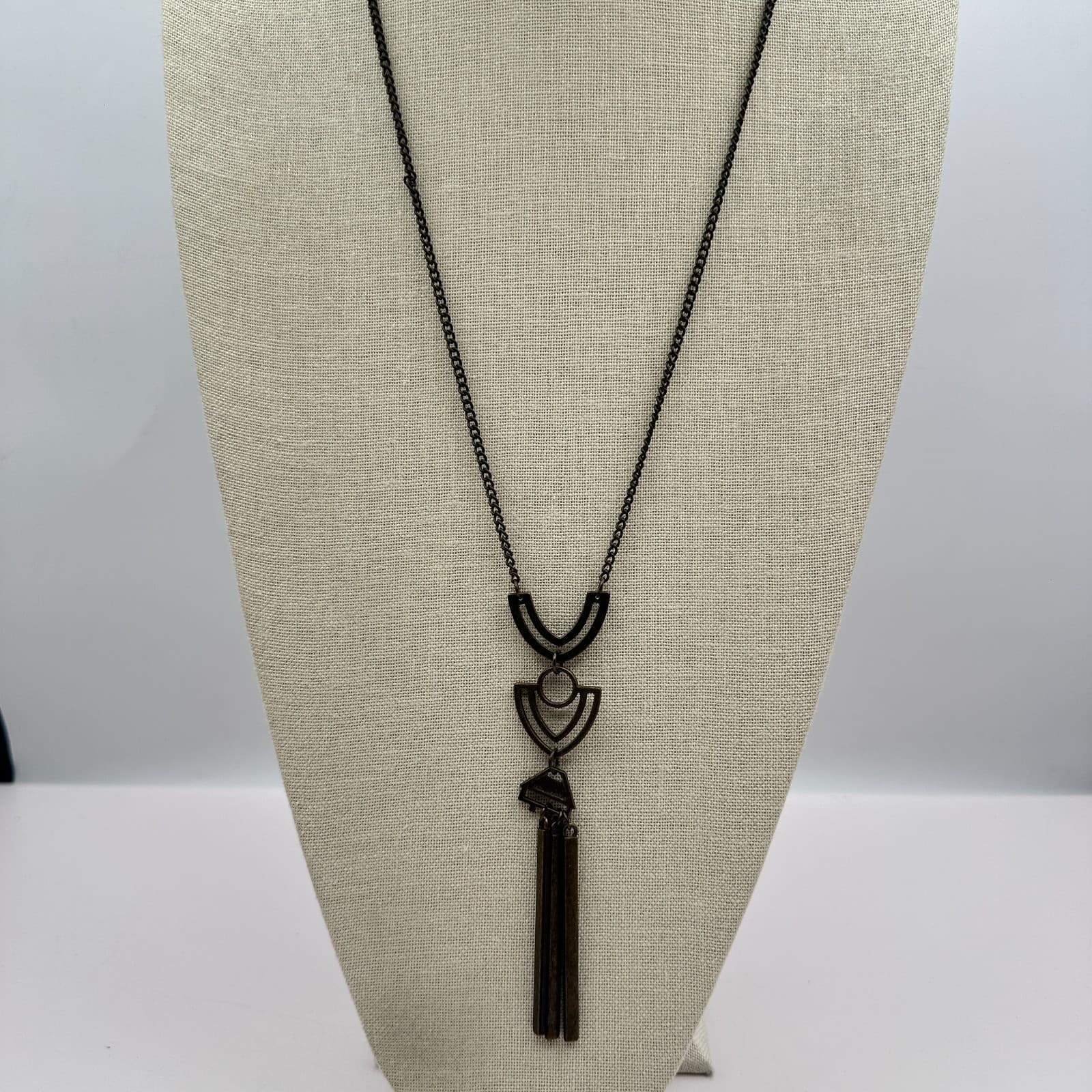 Vintage 80s Cleopatra Brass Necklace Geometric Long Pendant Tassel Jewelry - Thumbnail 4