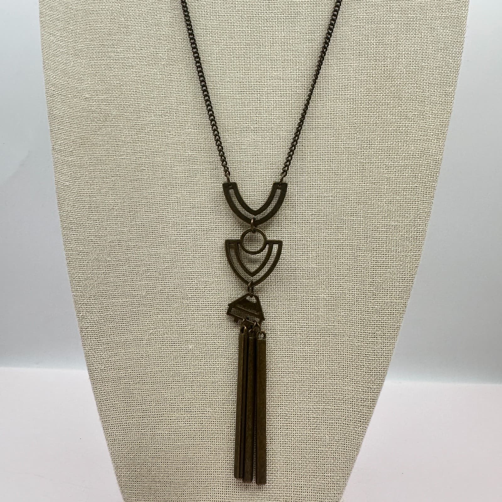 Vintage 80s Cleopatra Brass Necklace Geometric Long Pendant Tassel Jewelry - Image 1