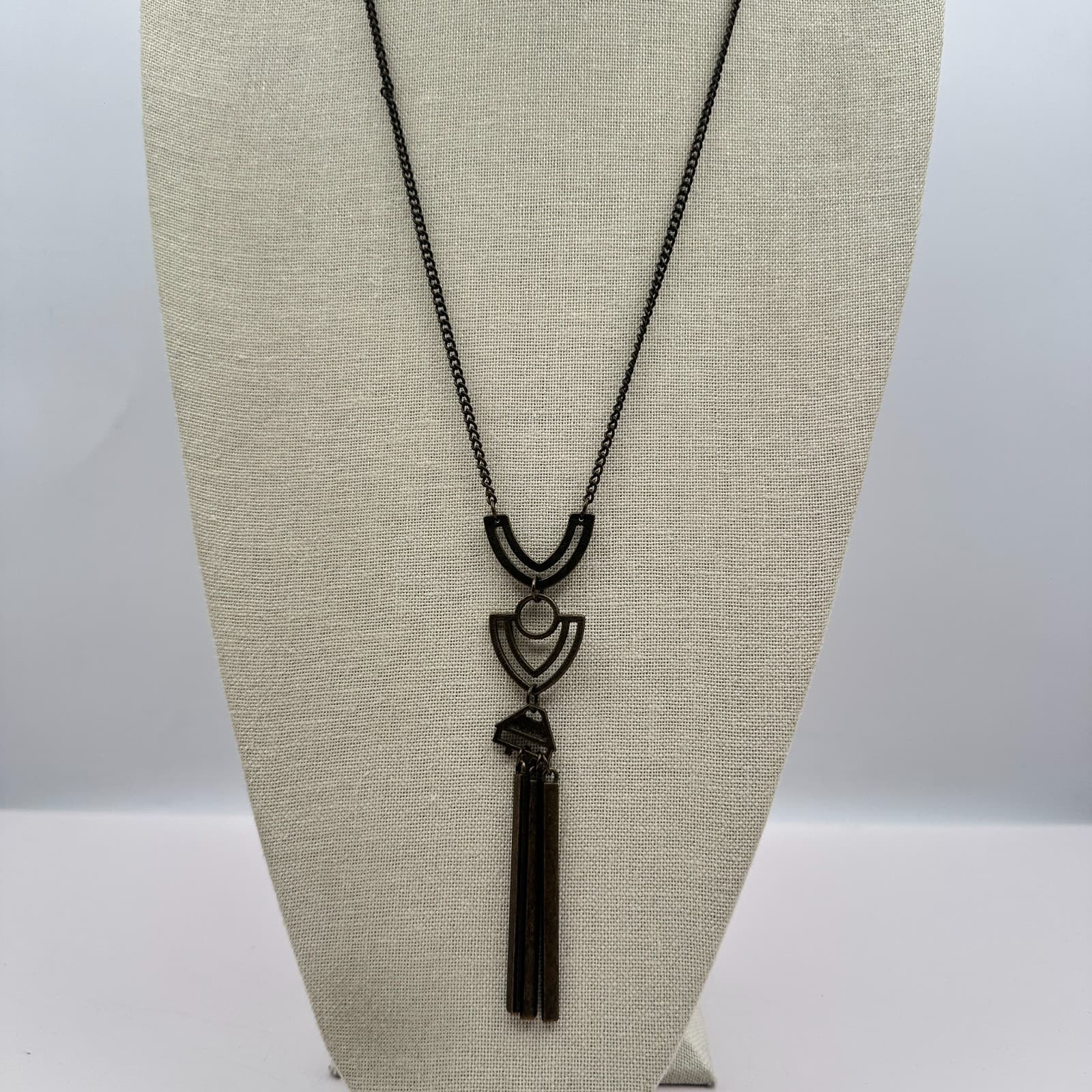 Vintage 80s Cleopatra Brass Necklace Geometric Long Pendant Tassel Jewelry - Thumbnail 2