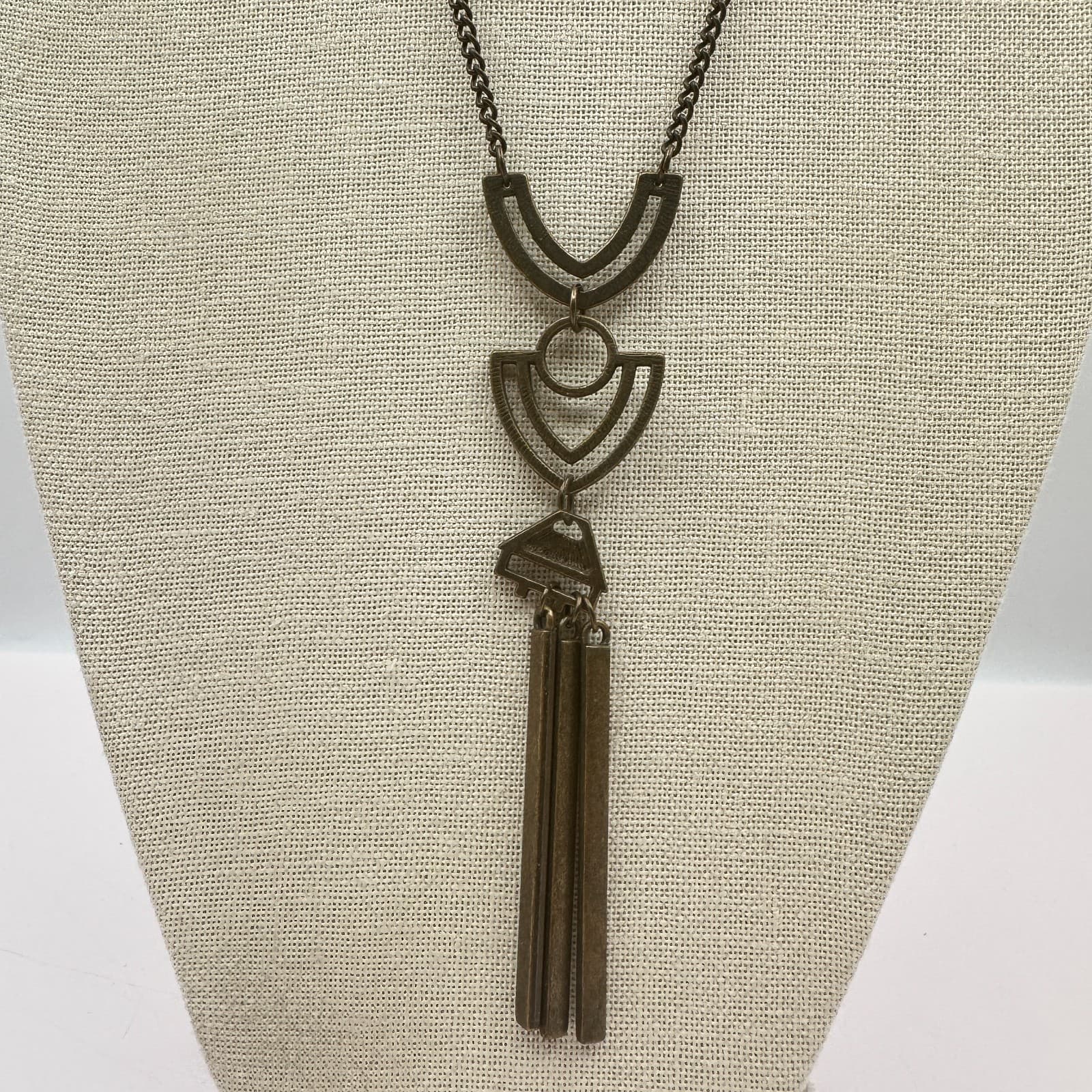 Vintage 80s Cleopatra Brass Necklace Geometric Long Pendant Tassel Jewelry - Thumbnail 3