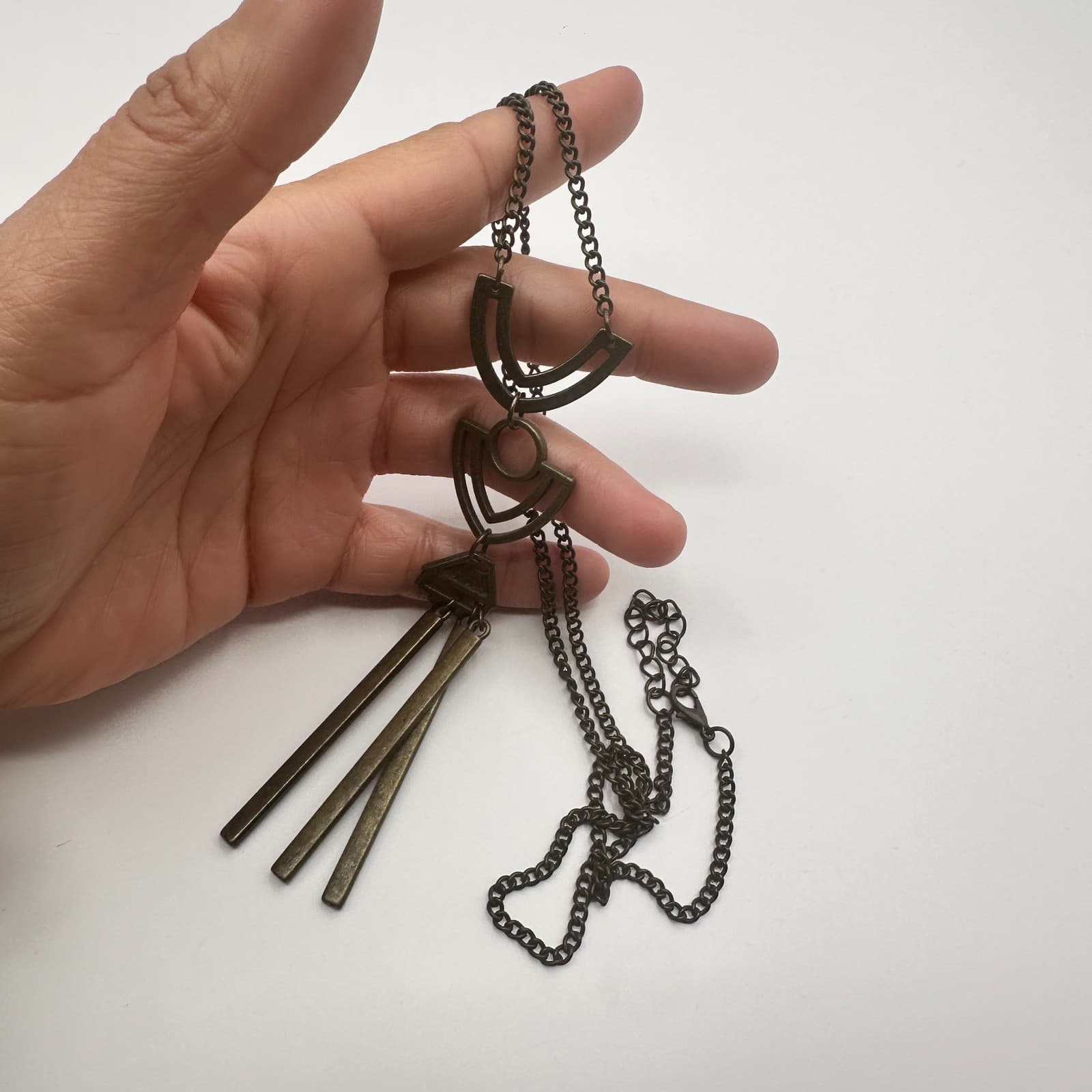 Vintage 80s Cleopatra Brass Necklace Geometric Long Pendant Tassel Jewelry - Thumbnail 5