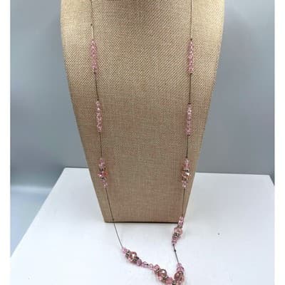 Vintage Pink Faceted Beads Necklace Long Station Chain Rhinestone Spacers Dainty - Image 1