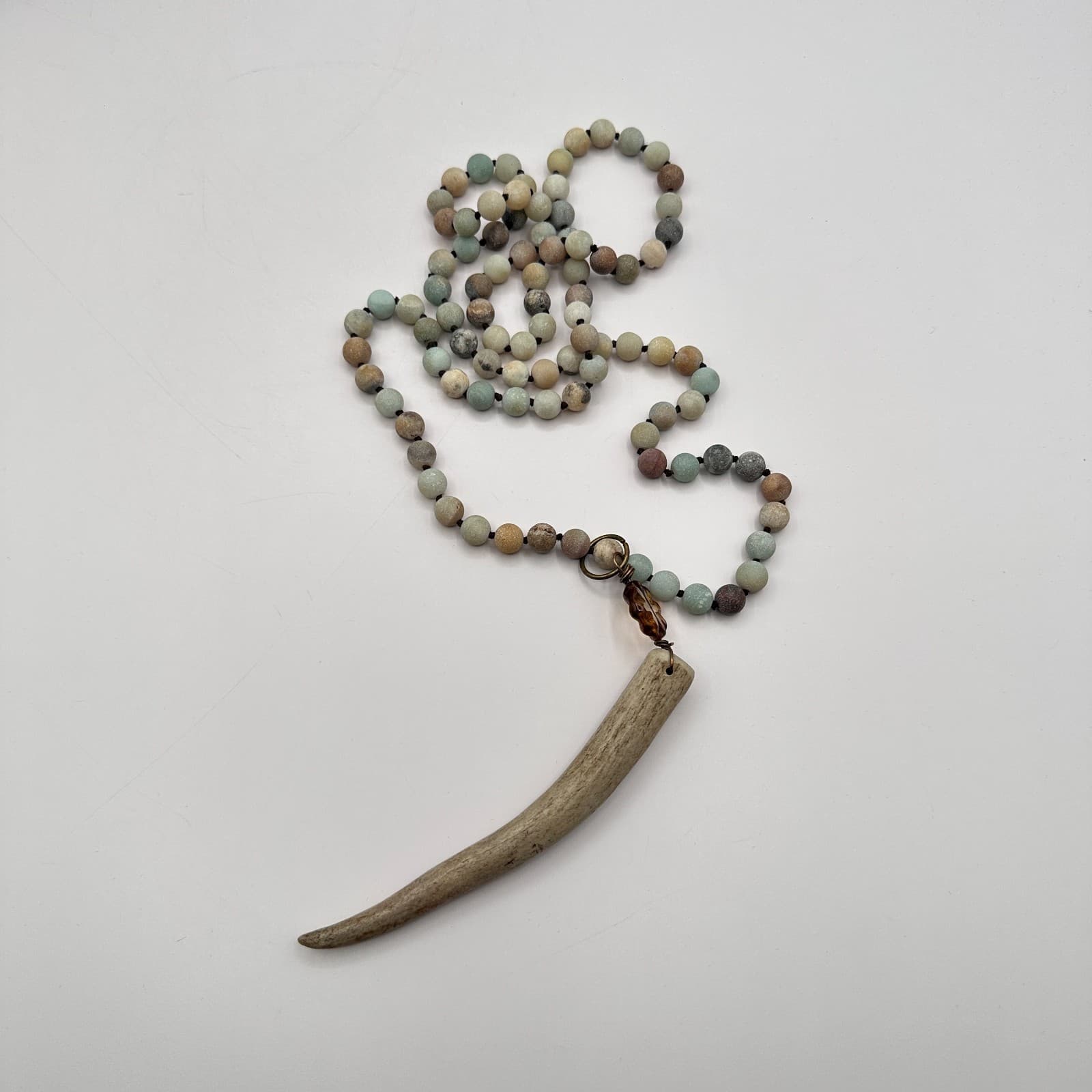Vintage 80s Deer Antler Tine Knotted Necklace Amazonite Mala Pendant Jewelry - Image 1