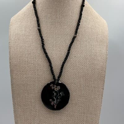 Vintage Black Seed Bead Large Round Pendant Floral Inlay Statement Necklace Boho - Thumbnail 6