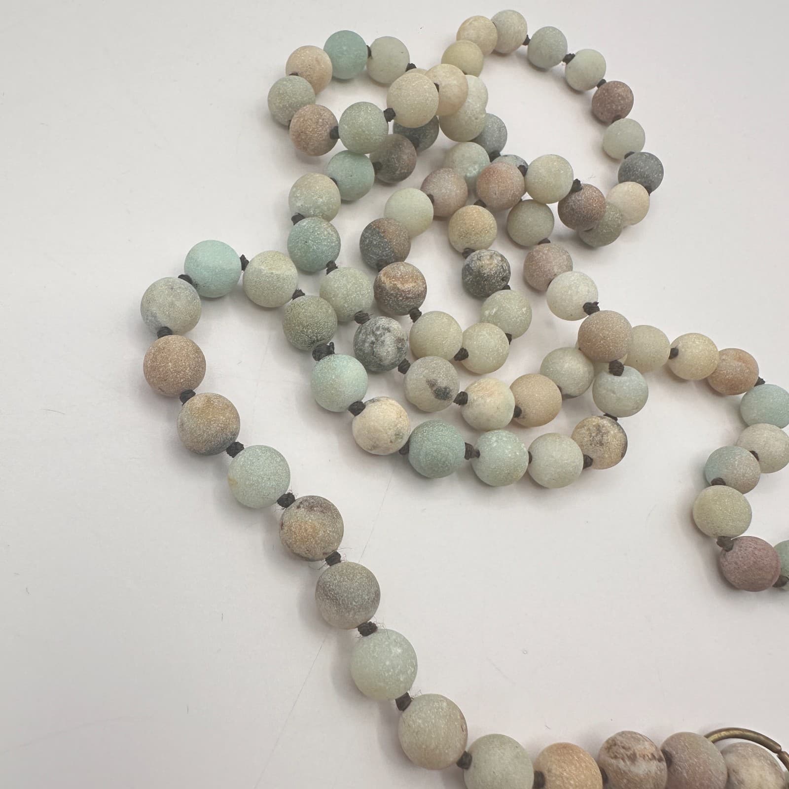 Vintage 80s Deer Antler Tine Knotted Necklace Amazonite Mala Pendant Jewelry - Thumbnail 3