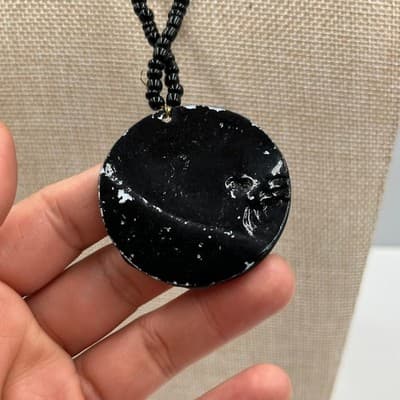 Vintage Black Seed Bead Large Round Pendant Floral Inlay Statement Necklace Boho - Thumbnail 4