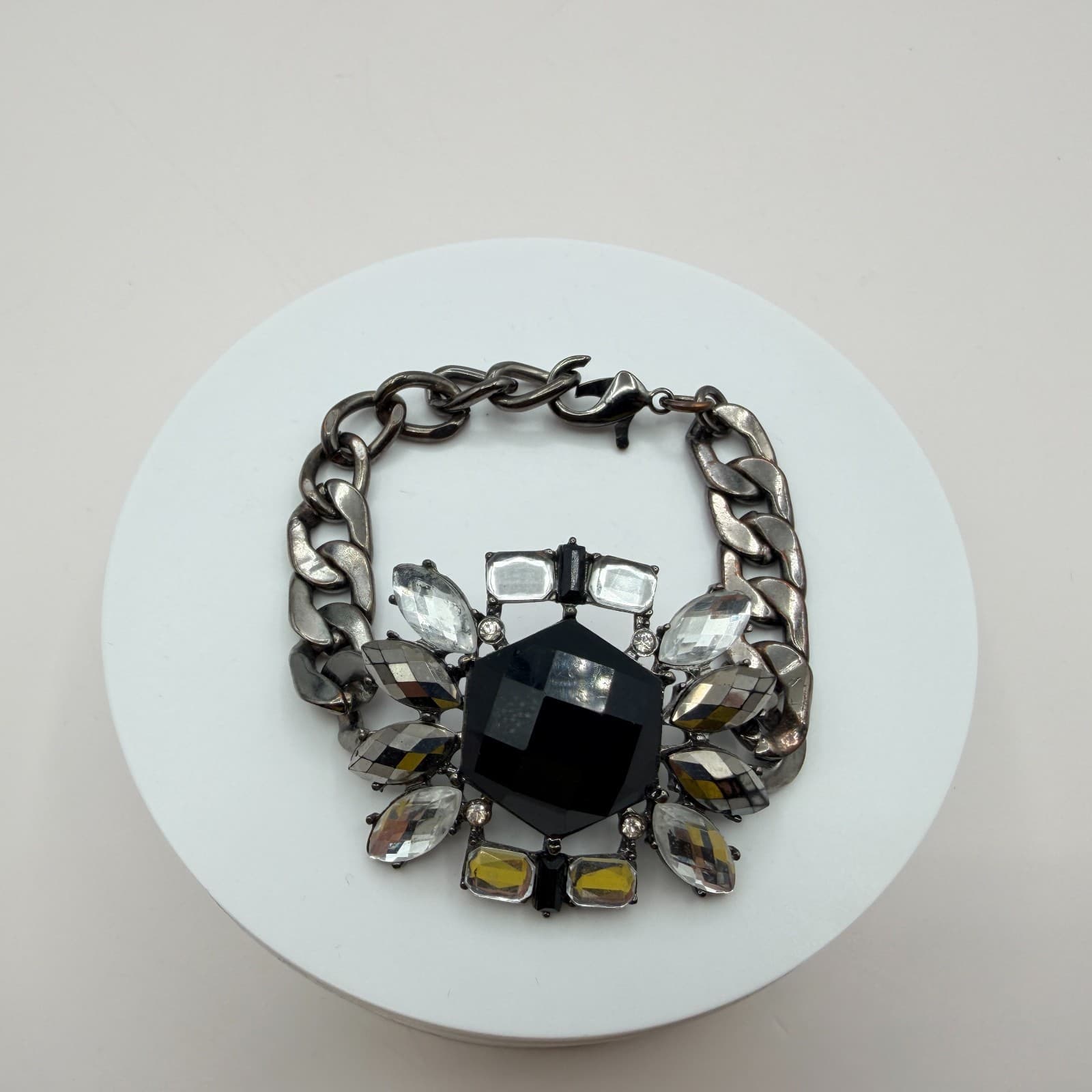 Vintage 90s Statement Bracelet Gunmetal Curb Chain Black Clear Glass Jewelry - Thumbnail 5