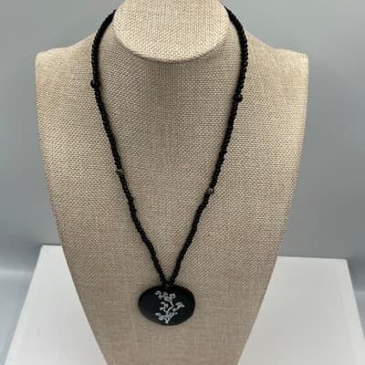 Vintage Black Seed Bead Large Round Pendant Floral Inlay Statement Necklace Boho - Thumbnail 5