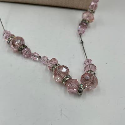 Vintage Pink Faceted Beads Necklace Long Station Chain Rhinestone Spacers Dainty - Thumbnail 4
