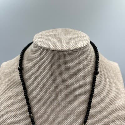 Vintage Black Seed Bead Large Round Pendant Floral Inlay Statement Necklace Boho - Thumbnail 2