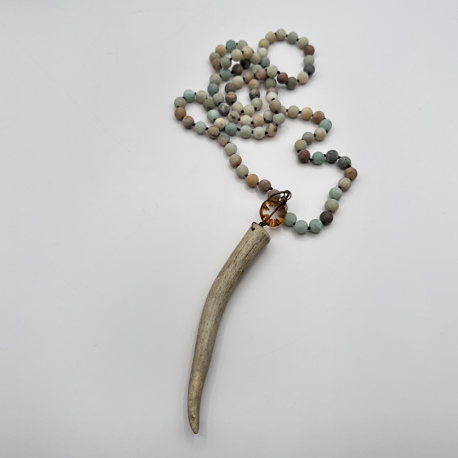 Vintage 80s Deer Antler Tine Knotted Necklace Amazonite Mala Pendant Jewelry - Thumbnail 7