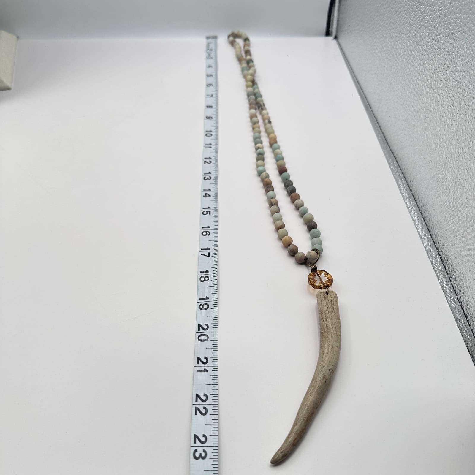 Vintage 80s Deer Antler Tine Knotted Necklace Amazonite Mala Pendant Jewelry - Thumbnail 9