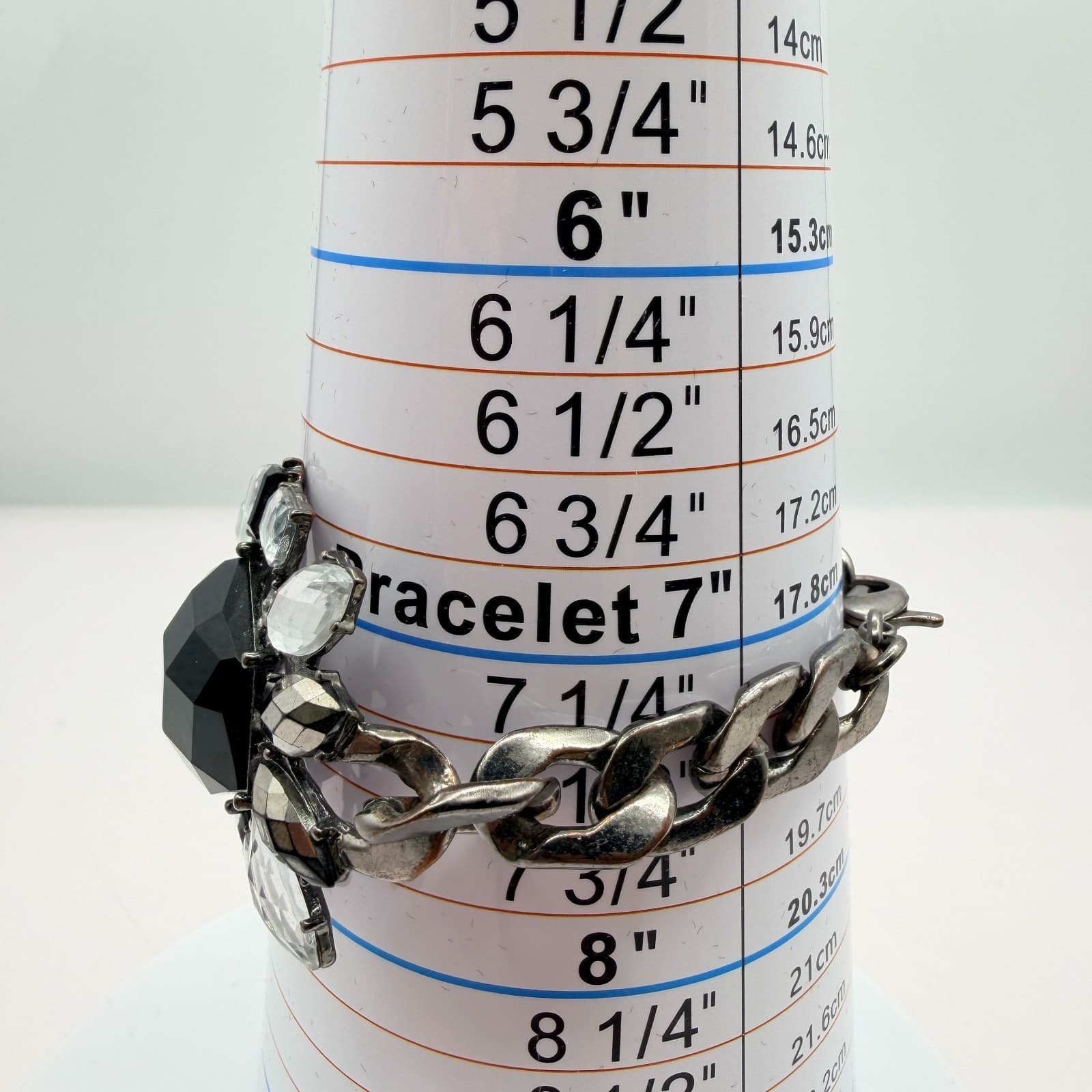 Vintage 90s Statement Bracelet Gunmetal Curb Chain Black Clear Glass Jewelry - Thumbnail 8