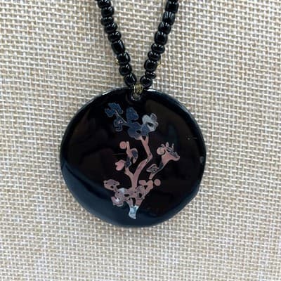 Vintage Black Seed Bead Large Round Pendant Floral Inlay Statement Necklace Boho - Image 1