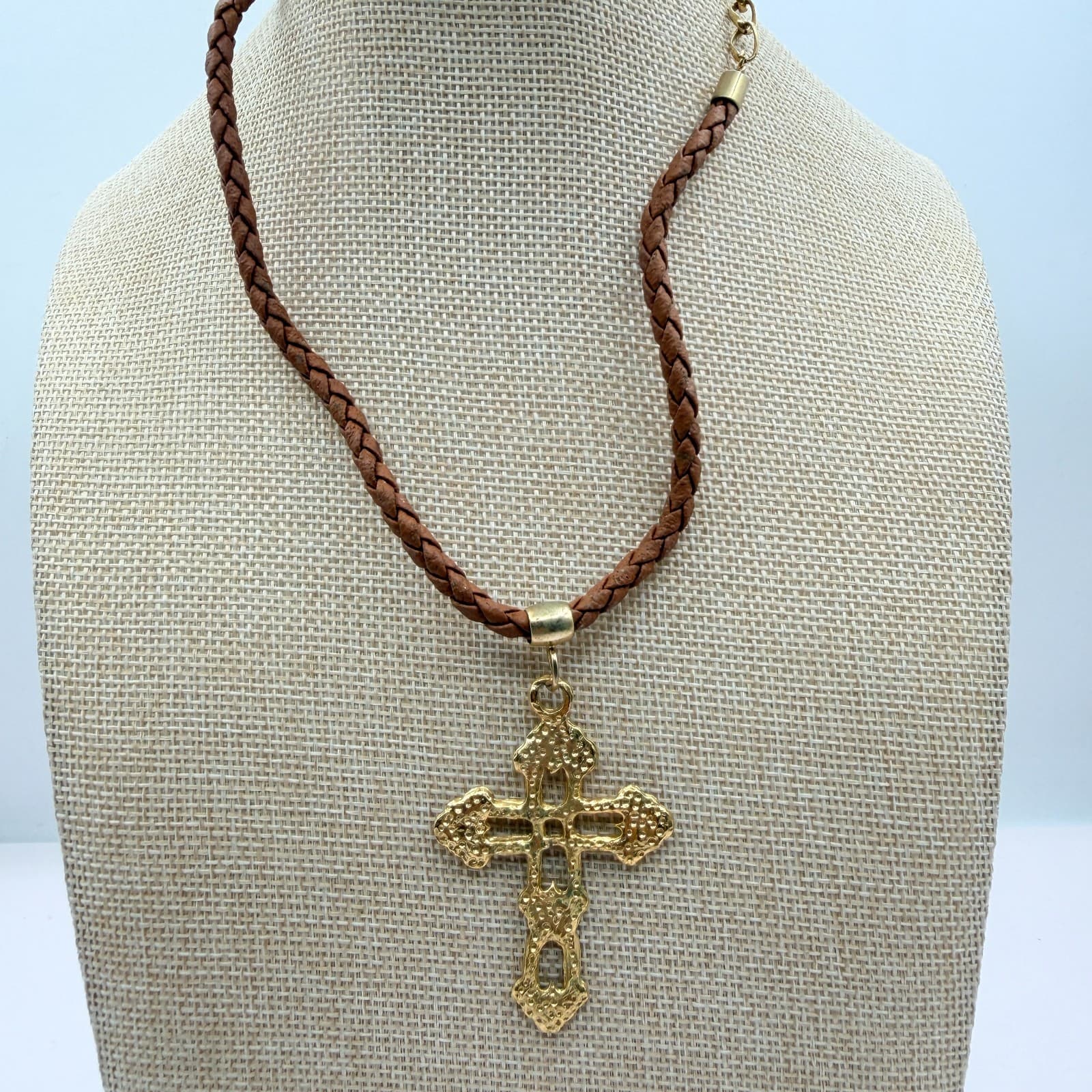 Vintage 80s Gold Tone Cross Pendant Braided Brown Leather Cord Necklace Jewelry - Thumbnail 2