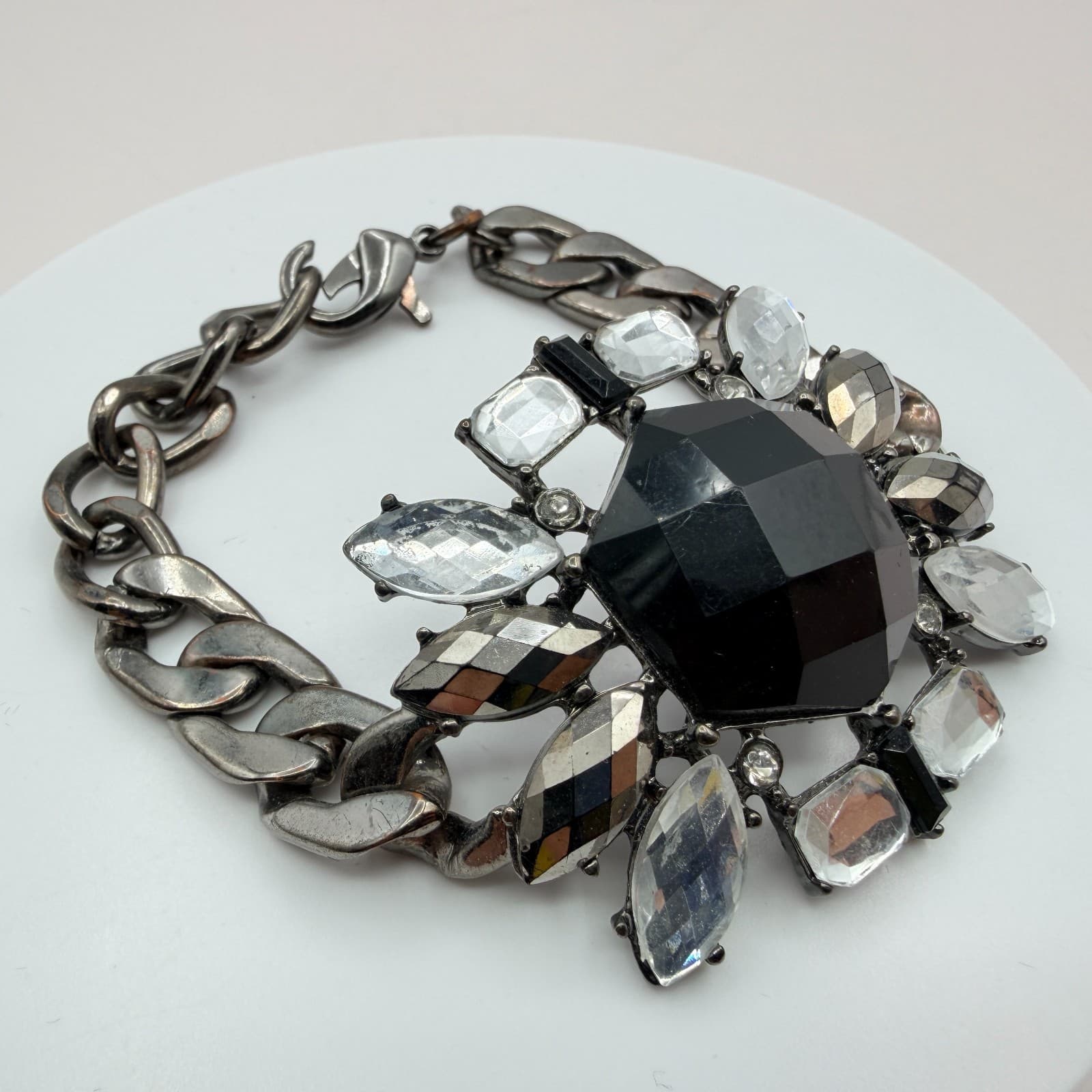 Vintage 90s Statement Bracelet Gunmetal Curb Chain Black Clear Glass Jewelry - Thumbnail 3