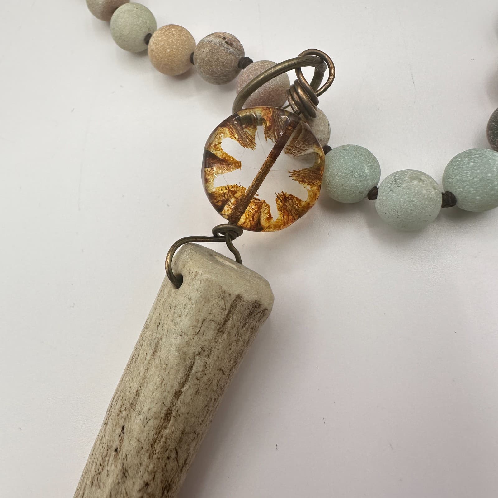 Vintage 80s Deer Antler Tine Knotted Necklace Amazonite Mala Pendant Jewelry - Thumbnail 5